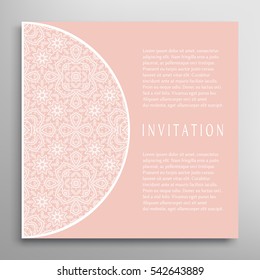 Invitation or Card template with lace border pattern. Decorative openwork filigree template for Wedding Bridal, Valentine's day greeting cards, Birthday Invitations. Abstract graphic background