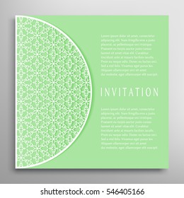 Invitation or Card template with lace border pattern. Decorative openwork filigree template for Wedding, Bridal, Valentine's day, greeting cards, Birthday Invitations. Cutout panel for laser cutting