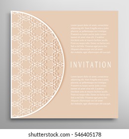 Invitation or Card template with lace border pattern. Decorative openwork filigree template for Wedding, Bridal, Valentine's day, greeting cards, Birthday Invitations. Cutout panel for laser cutting