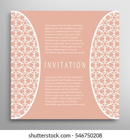 Invitation or Card template with lace border pattern. Decorative openwork filigree template for Wedding Bridal, Valentine's day greeting cards, Birthday Invitations. Abstract graphic background