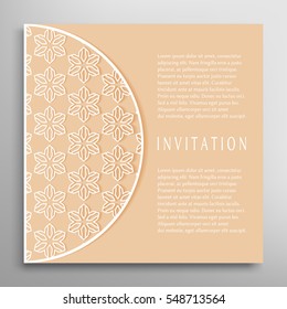 Invitation or Card template with lace border pattern. Decorative openwork filigree template for Wedding Bridal, Valentine's day greeting cards, Birthday Invitations. Abstract graphic background