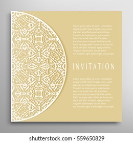Invitation or Card template with lace border pattern. Decorative openwork filigree template for Wedding Bridal, Valentine's day greeting cards, Birthday Invitations. Abstract graphic background
