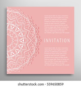 Invitation or Card template with lace border pattern. Decorative openwork filigree template for Wedding Bridal, Valentine's day greeting cards, Birthday Invitations. Abstract graphic background