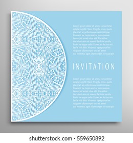 Invitation or Card template with lace border pattern. Decorative openwork filigree template for Wedding Bridal, Valentine's day greeting cards, Birthday Invitations. Abstract graphic background