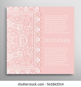 Invitation or Card template with lace border pattern. Decorative openwork filigree template for Wedding Bridal, Valentine's day greeting cards, Birthday Invitations. Abstract graphic background