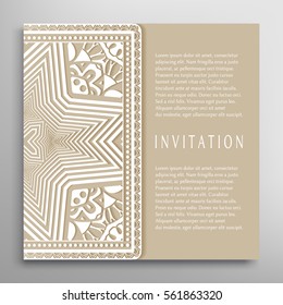 Invitation or Card template with lace border pattern. Decorative openwork filigree template for Wedding Bridal, Valentine's day greeting cards, Birthday Invitations. Abstract graphic background