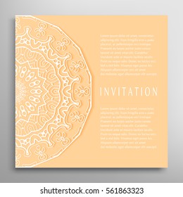 Invitation or Card template with lace border pattern. Decorative openwork filigree template for Wedding Bridal, Valentine's day greeting cards, Birthday Invitations. Abstract graphic background