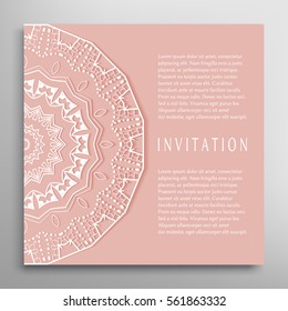 Invitation or Card template with lace border pattern. Decorative openwork filigree template for Wedding Bridal, Valentine's day greeting cards, Birthday Invitations. Abstract graphic background