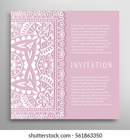 Invitation or Card template with lace border pattern. Decorative openwork filigree template for Wedding Bridal, Valentine's day greeting cards, Birthday Invitations. Abstract graphic background