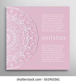 Invitation or Card template with lace border pattern. Decorative openwork filigree template for Wedding Bridal, Valentine's day greeting cards, Birthday Invitations. Abstract graphic background