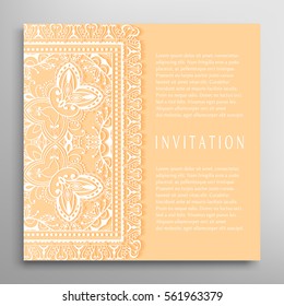 Invitation or Card template with lace border pattern. Decorative openwork filigree template for Wedding Bridal, Valentine's day greeting cards, Birthday Invitations. Abstract graphic background