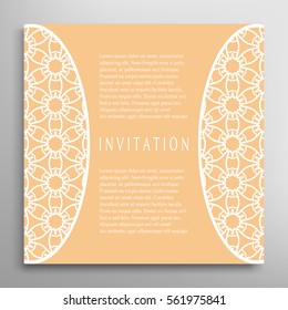 Invitation or Card template with lace border pattern. Decorative openwork filigree template for Wedding Bridal, Valentine's day greeting cards, Birthday Invitations. Abstract graphic background