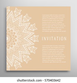 Invitation or Card template with lace border pattern. Decorative openwork filigree template for Wedding Bridal, Valentine's day greeting cards, Birthday Invitations. Abstract graphic background
