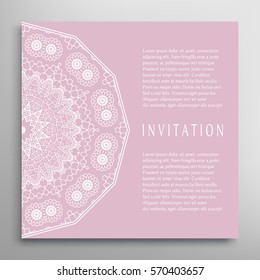 Invitation or Card template with lace border pattern. Decorative openwork filigree template for Wedding Bridal, Valentine's day greeting cards, Birthday Invitations. Abstract graphic background