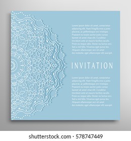 Invitation or Card template with lace border pattern. Decorative openwork filigree template for Wedding Bridal, Valentine's day greeting cards, Birthday Invitations. Abstract graphic background