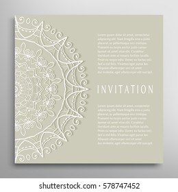 Invitation or Card template with lace border pattern. Decorative openwork filigree template for Wedding Bridal, Valentine's day greeting cards, Birthday Invitations. Abstract graphic background