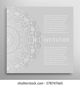 Invitation or Card template with lace border pattern. Decorative openwork filigree template for Wedding Bridal, Valentine's day greeting cards, Birthday Invitations. Abstract graphic background