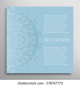 Invitation or Card template with lace border pattern. Decorative openwork filigree template for Wedding Bridal, Valentine's day greeting cards, Birthday Invitations. Abstract graphic background
