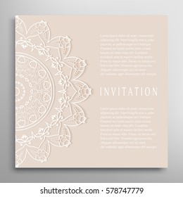 Invitation or Card template with lace border pattern. Decorative openwork filigree template for Wedding Bridal, Valentine's day greeting cards, Birthday Invitations. Abstract graphic background