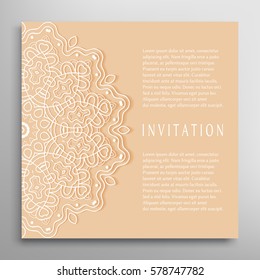 Invitation or Card template with lace border pattern. Decorative openwork filigree template for Wedding Bridal, Valentine's day greeting cards, Birthday Invitations. Abstract graphic background