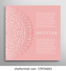 Invitation or Card template with lace border pattern. Decorative openwork filigree template for Wedding Bridal, Valentine's day greeting cards, Birthday Invitations. Abstract graphic background