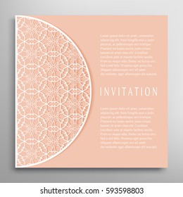 Invitation or Card template with lace border pattern. Decorative openwork filigree template for Wedding, Bridal, Valentine's day, greeting cards, Birthday Invitations. Cutout panel for laser cutting