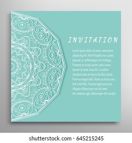 Invitation or Card template with lace border pattern. Decorative openwork filigree template for Wedding Bridal, Valentine's day greeting cards, Birthday Invitations. Abstract graphic background