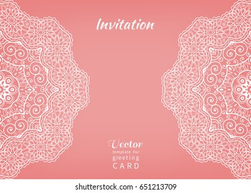 Invitation or Card template with lace border pattern. Decorative openwork filigree template for Wedding Bridal, Valentine's day greeting cards, Birthday Invitations. Abstract graphic background