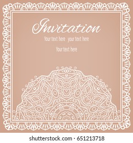 Invitation or Card template with lace border pattern. Decorative openwork filigree template for Wedding Bridal, Valentine's day greeting cards, Birthday Invitations. Abstract graphic background