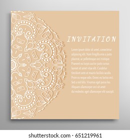 Invitation or Card template with lace border pattern. Decorative openwork filigree template for Wedding Bridal, Valentine's day greeting cards, Birthday Invitations. Abstract graphic background