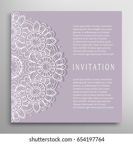 Invitation or Card template with lace border pattern, mandala element. Decorative openwork filigree template for Wedding Bridal, Valentine's day greeting card, Birthday Invitation. Abstract art