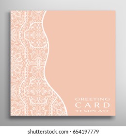 Invitation or Card template with lace border pattern. Decorative openwork filigree template for Wedding Bridal, Valentine's day greeting card, Birthday Invitation. Abstract art background
