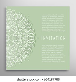 Invitation or Card template with lace border pattern, mandala element. Decorative openwork filigree template for Wedding Bridal, Valentine's day greeting card, Birthday Invitation. Abstract art