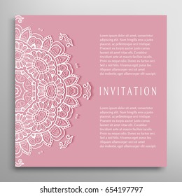 Invitation or Card template with lace border pattern, mandala element. Decorative openwork filigree template for Wedding Bridal, Valentine's day greeting card, Birthday Invitation. Abstract art