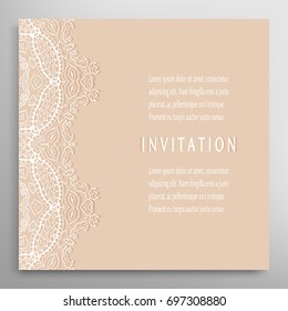 Invitation or Card template with lace border and place for the text. Isolated frame element with shadow. Floral geometric doodle pattern. Decorative abstract art, line background.