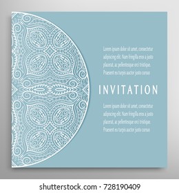 Invitation or Card template with lace border pattern, mandala element. Decorative abstract doodle line background. Luxury postcard for Wedding, Bridal, Valentine's day, birthday greeting cards