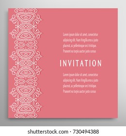 Invitation or Card template with lace border element. Floral geometric line pattern. Decorative abstract art background, template for Wedding, Valentine's day greeting card, Birthday Invitation