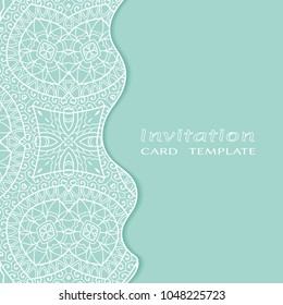 Invitation or Card template with lace doodle border, cutout paper, line frame element. Decorative openwork filigree art background for Wedding, Valentine's day greeting cards, Birthday Invitations