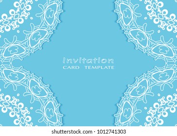 Invitation or Card template with lace mandala border, cutout paper frame element. Decorative openwork filigree art background for Wedding, Valentine's day greeting cards, Birthday Invitations