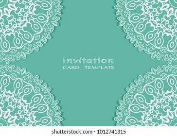 Invitation or Card template with lace mandala border, cutout paper frame element. Decorative openwork filigree art background for Wedding, Valentine's day greeting cards, Birthday Invitations