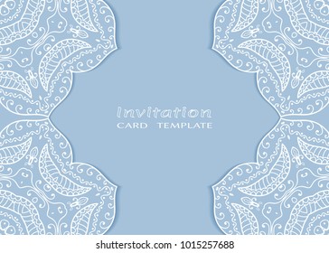 Invitation or Card template with lace mandala border, cutout paper frame element. Decorative openwork filigree art background for Wedding, Valentine's day greeting cards, Birthday Invitations
