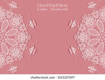 Invitation or Card template with lace mandala border, cutout paper frame element. Decorative openwork filigree art background for Wedding, Valentine's day greeting cards, Birthday Invitations