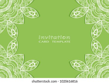 Invitation or Card template with lace mandala border, cutout paper frame element. Decorative openwork filigree art background for Wedding, Valentine's day greeting cards, Birthday Invitations