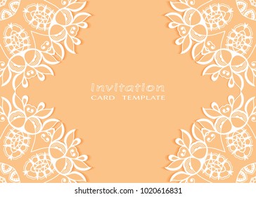 Invitation or Card template with lace mandala border, cutout paper frame element. Decorative openwork filigree art background for Wedding, Valentine's day greeting cards, Birthday Invitations