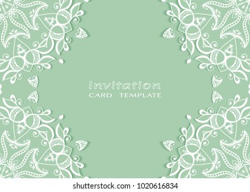 Invitation or Card template with lace mandala border, cutout paper frame element. Decorative openwork filigree art background for Wedding, Valentine's day greeting cards, Birthday Invitations