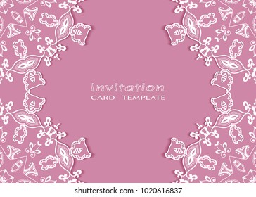Invitation or Card template with lace mandala border, cutout paper frame element. Decorative openwork filigree art background for Wedding, Valentine's day greeting cards, Birthday Invitations