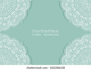 Invitation or Card template with lace mandala border, cutout paper frame element. Decorative openwork filigree art background for Wedding, Valentine's day greeting cards, Birthday Invitations