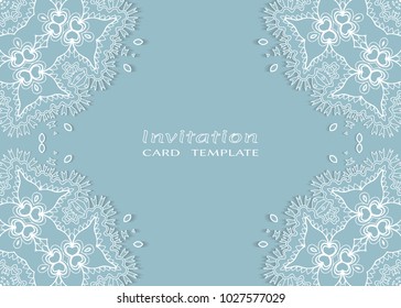 Invitation or Card template with lace mandala border, cutout paper frame element. Decorative openwork filigree art background for Wedding, Valentine's day greeting cards, Birthday Invitations