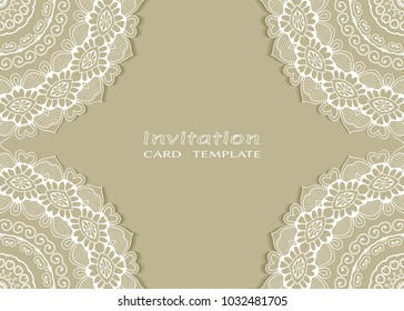Invitation or Card template with lace mandala border, cutout paper frame element. Decorative openwork filigree art background for Wedding, Valentine's day greeting cards, Birthday Invitations