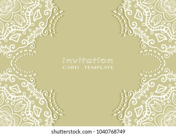 Invitation or Card template with lace mandala border, cutout paper frame element. Decorative openwork filigree art background for Wedding, Valentine's day greeting cards, Birthday Invitations